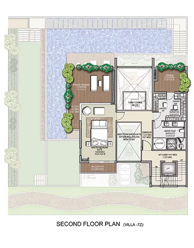 Rise Resort Residence Villa — Second-floor plan for Villa-7Z, showing a master bedroom suite, family lounge, and meditation garden.