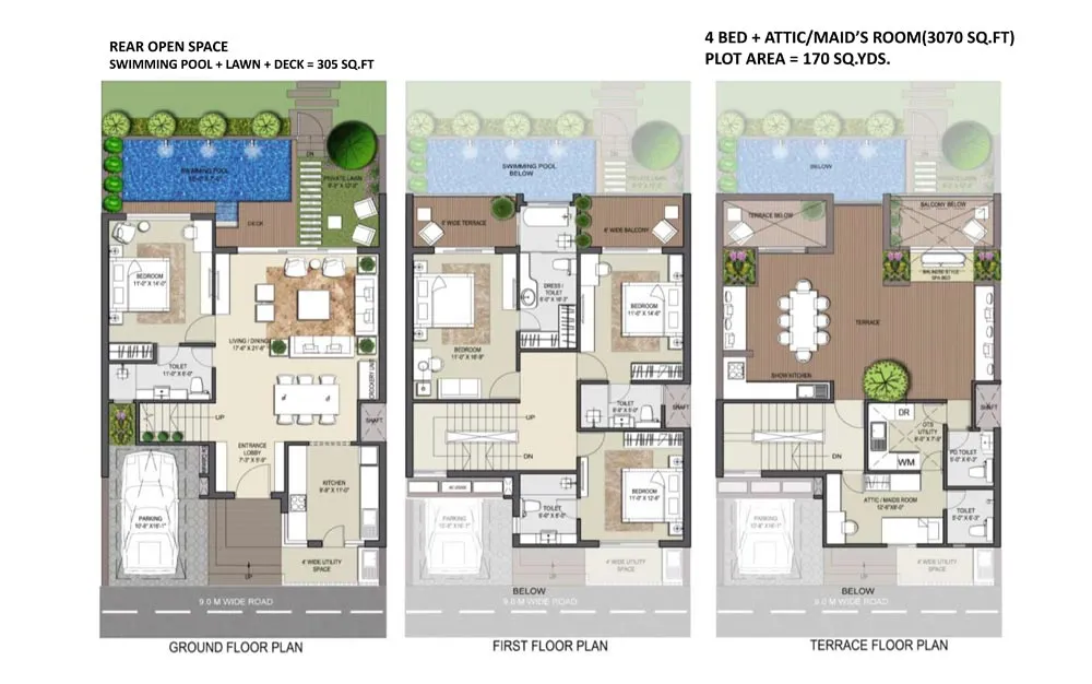 Rise Sports Villas 4 bedroom 3070 sq ft floor plan across ground, first and terrace