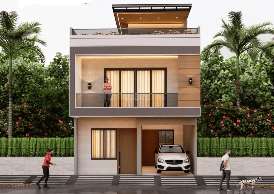 Shivi Stark Moon Villa — A modern rendered villa with a balcony on the first floor and a car parked in the ground floor garage. People are walking outside.