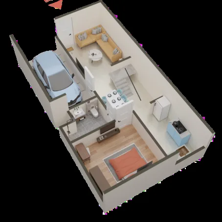 Paradise Krishna Vatika Luxurious Villas — 3D render floor plan of a villa showing a car parking, living room, dining area, kitchen, bathroom, and bedroom