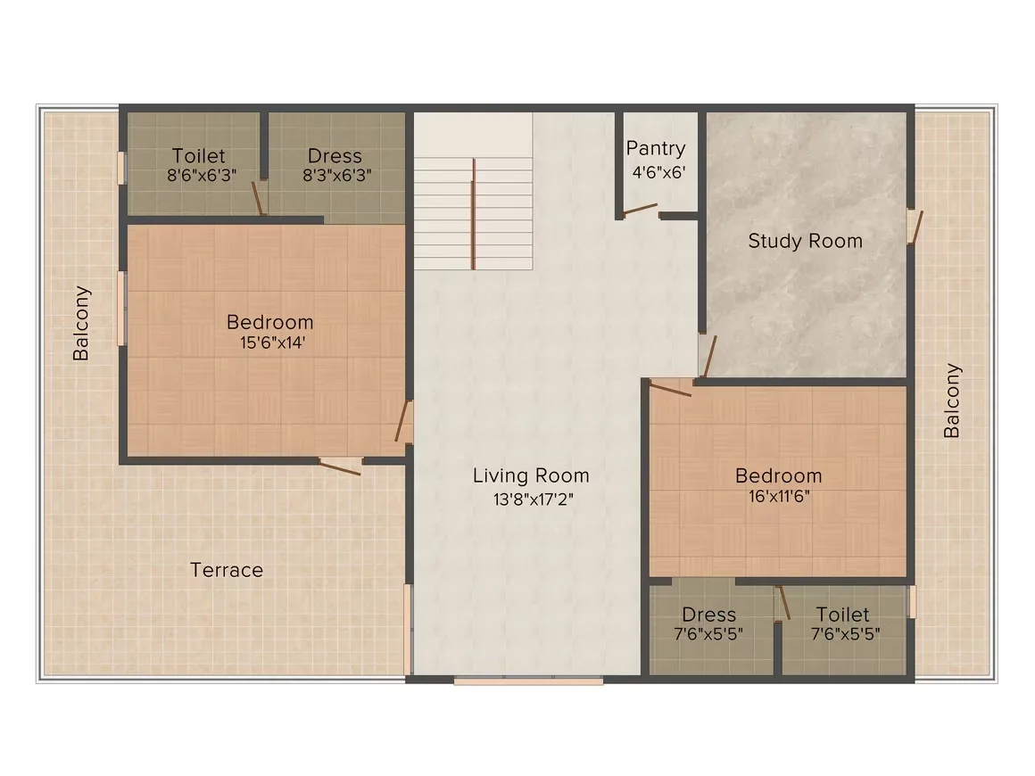 Aadhar Dew Drops Villas — Floor plan showing two bedrooms, a living room, study room, pantry, toilets, dress areas, and balconies.