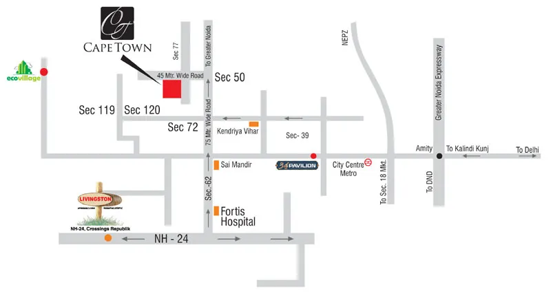 Supertech Capetown location map, Sector 74 Noida with expressway, FNG and metro accessibility.