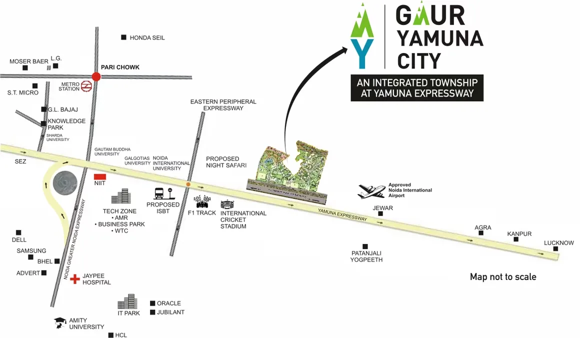 Gaurs 2nd Park View — Location map showing Gaur Yamuna City's proximity to Yamuna Expressway, Jewar airport, and surrounding areas.