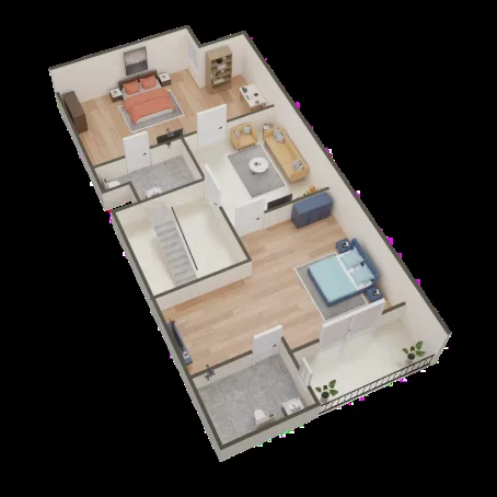Paradise Shree Ram Vatika — 3D render of a two-story floor plan with bedrooms, living area, and stairs.