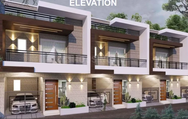 Pride Villas — A 3D render showing the modern exterior elevation of three identical row houses with balconies and individual car parking.