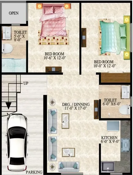 Shri Shyam Villa 2 — Floor plan rendering showing two bedrooms, two toilets, a kitchen, a drawing/dining area, and parking.