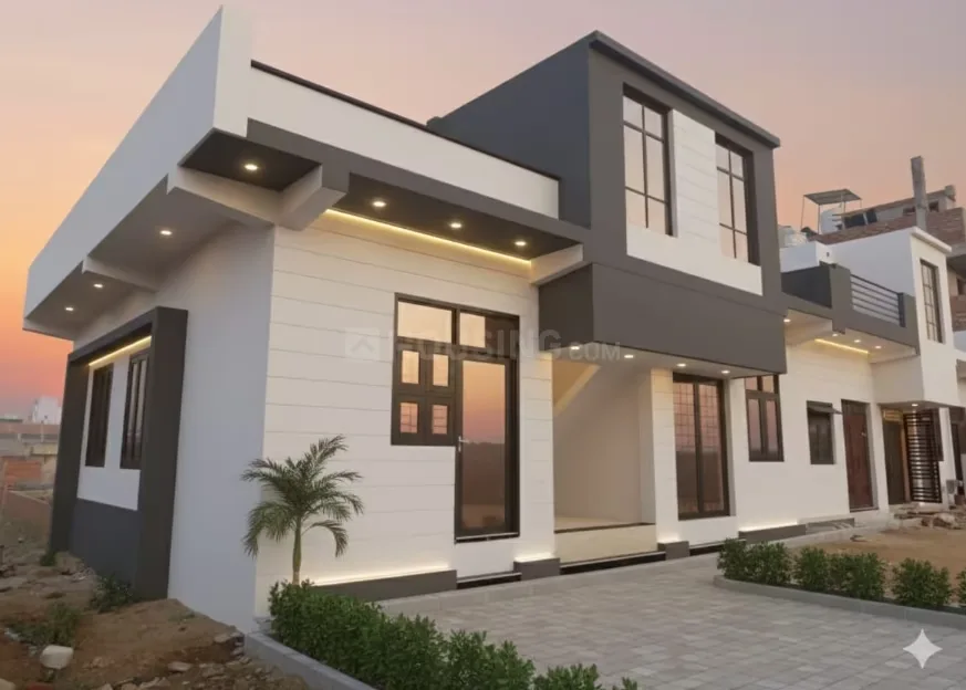 Mudgal Ved Residency — Modern white and grey villa exterior with recessed lighting, dark framed windows, and a paved driveway under a twilight sky