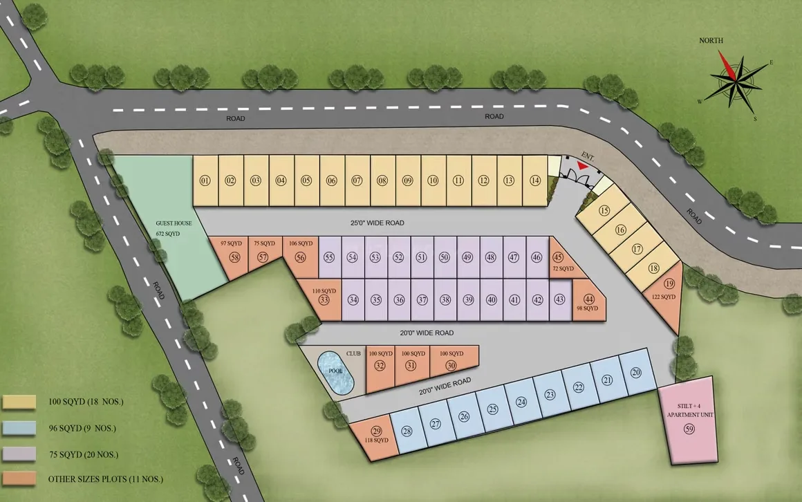 Pride Villas — Site plan showing plot layouts with different sizes, roads, a guest house, and a pool area.