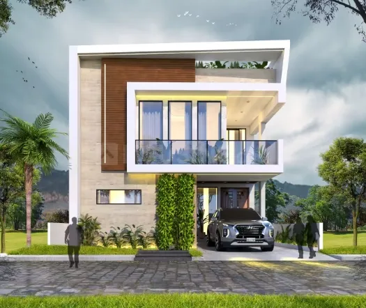 Mudgal Ved Nature Villa — A modern render of a two-story villa with a balcony, car parked in a shaded entrance, and landscaping.