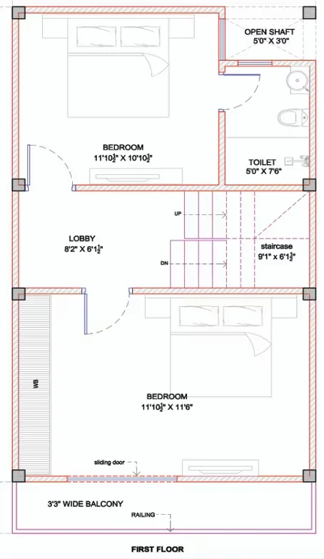 Primagic Onyx Abode — Floor plan for the first floor, showing two bedrooms, a lobby, staircase, toilet, open shaft, and a balcony.