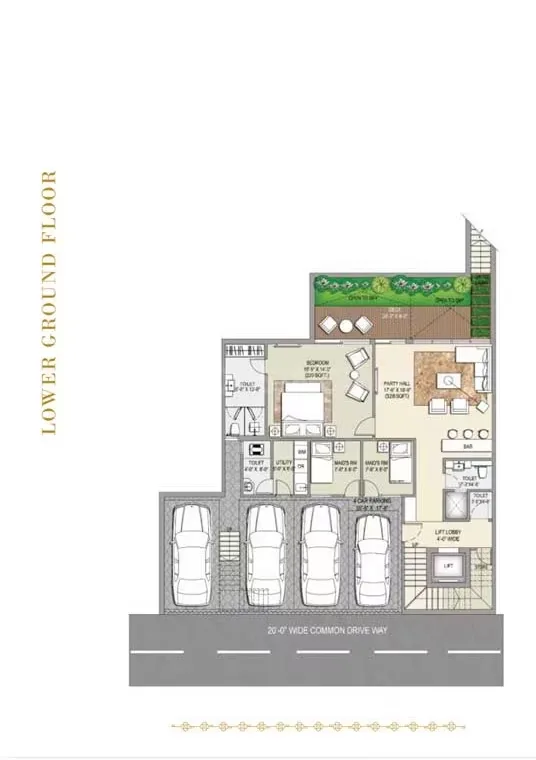 Rise Resort Residence Villa — Floor plan drawing labeled "LOWER GROUND FLOOR" with parking, bedrooms, party hall, and utility areas.