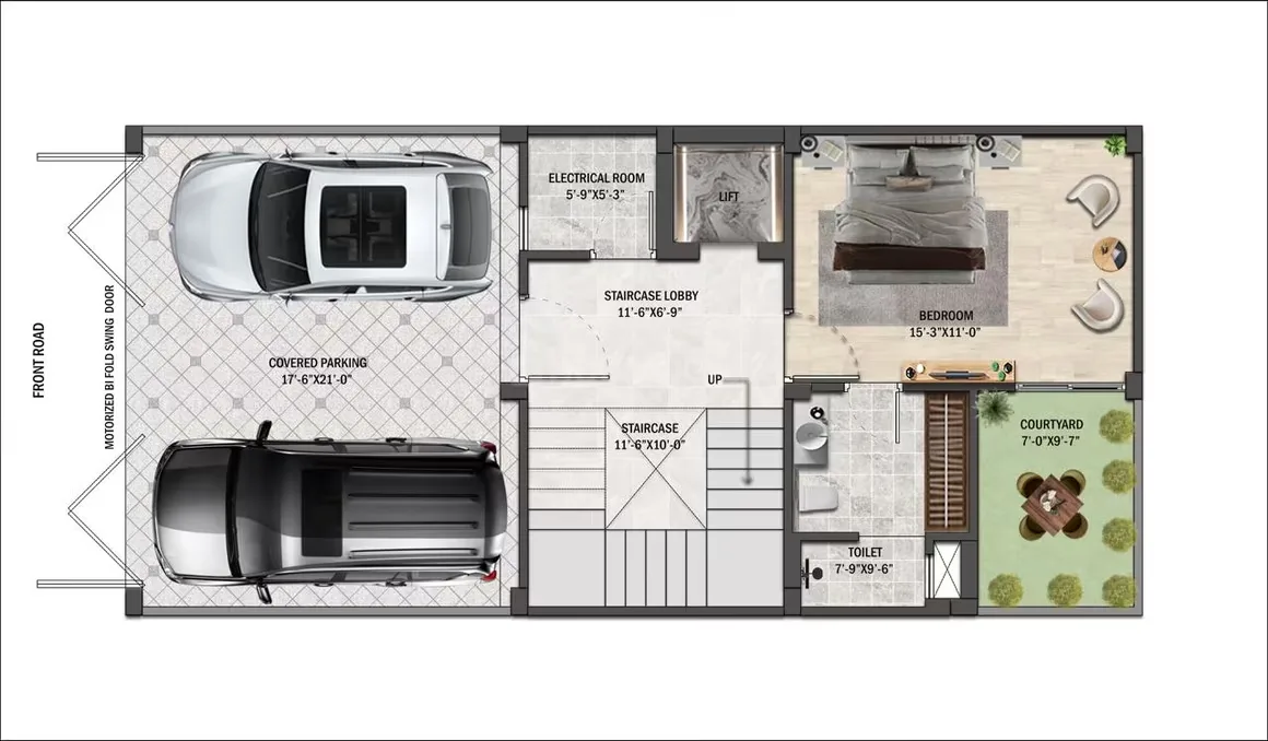 CNR Aurelia Estate Villas — Floor plan rendering showing covered parking, staircase, lobby, electrical room, bedroom, toilet, and courtyard.
