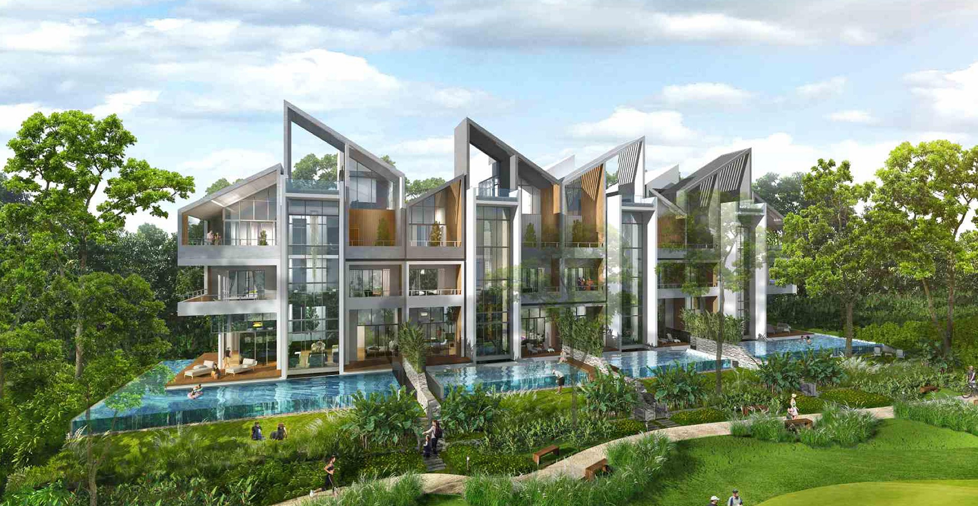 Architectural render of Rise Resort Residences villas with reflection pool and wooded backdrop