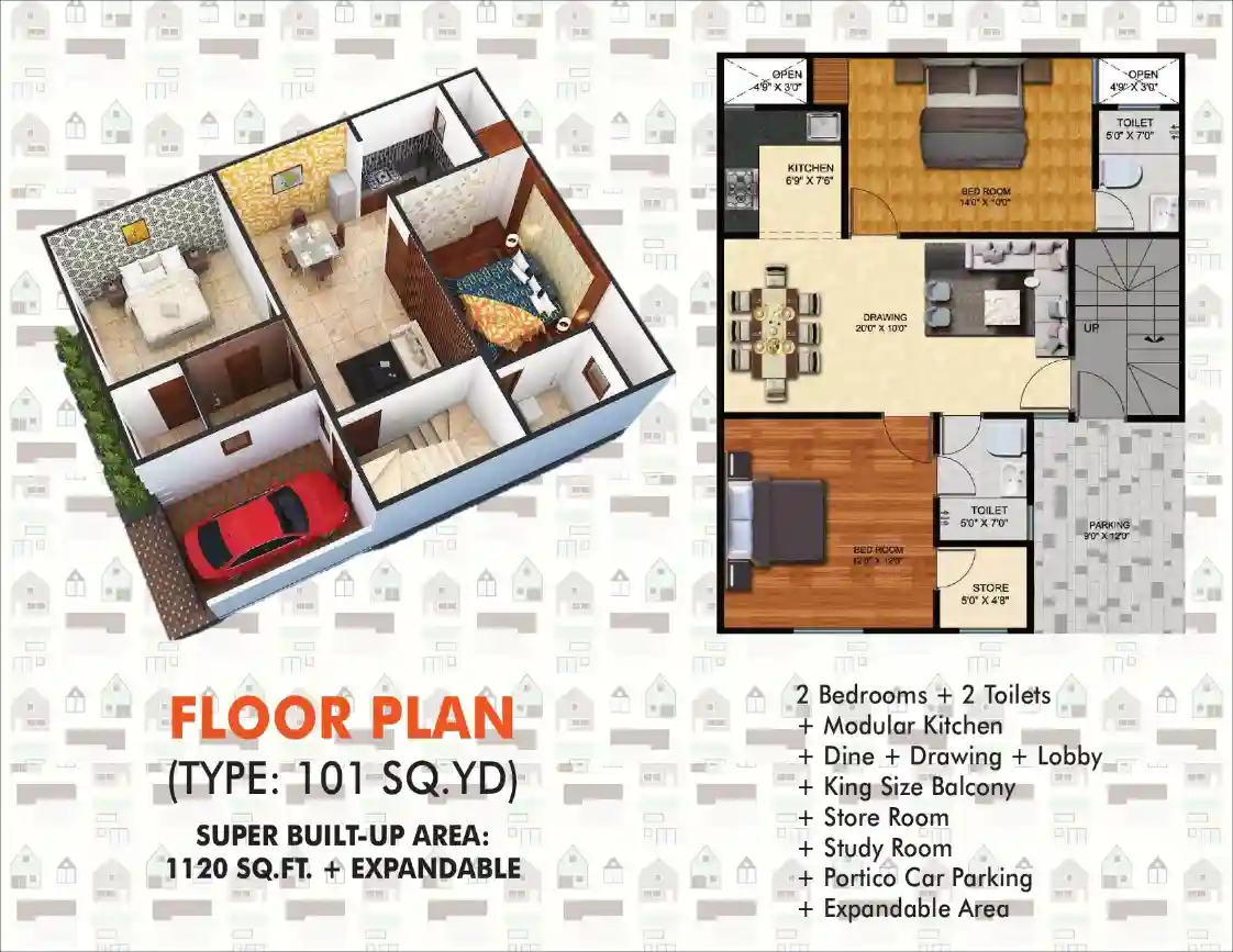 Divine Residency 101 sq yd floor plan with 3D isometric and ground floor plan