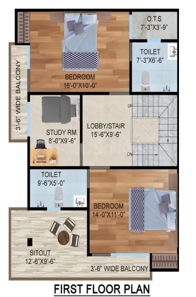 Arsh Green Villa 2 — First floor plan with two bedrooms, a study room, lobby, two toilets, a sitout, and two balconies.