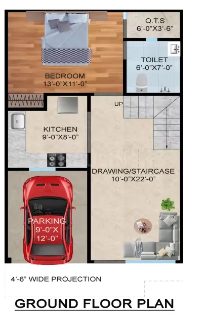 Arsh Green Villa 2 — Ground floor plan showing a bedroom, kitchen, parking, toilet, and combined drawing/staircase area.