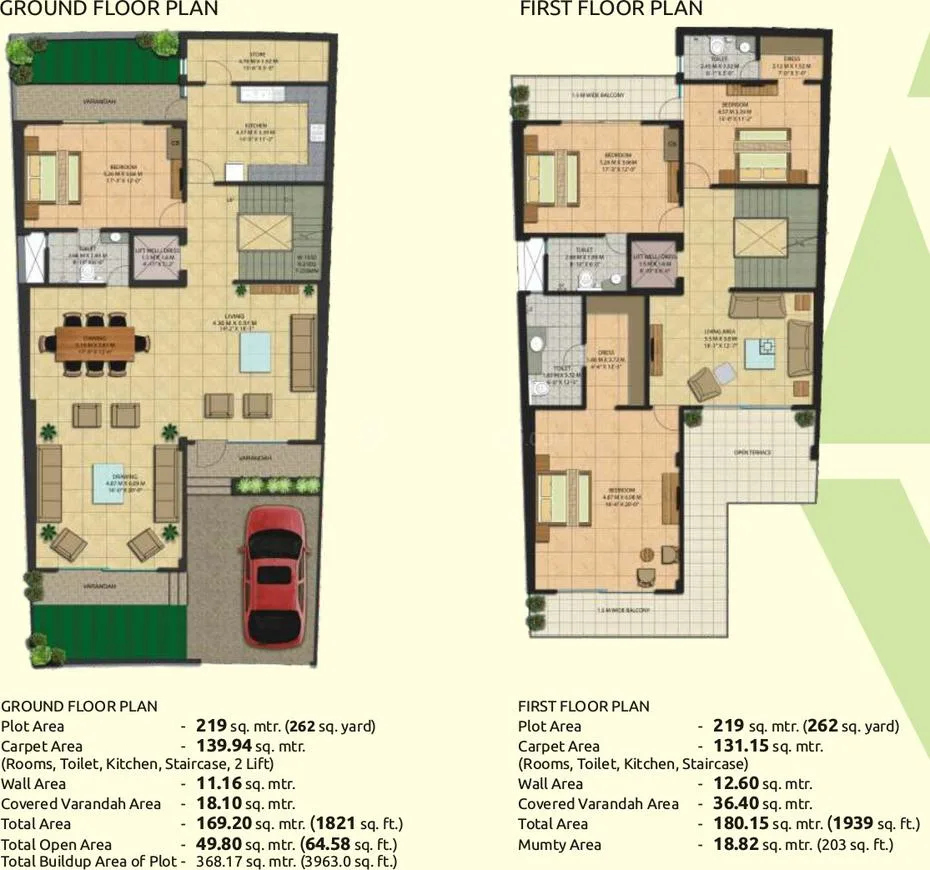 Gaurs 2nd Park View — Floor plan of a residential unit showing ground and first floor layouts with area details.