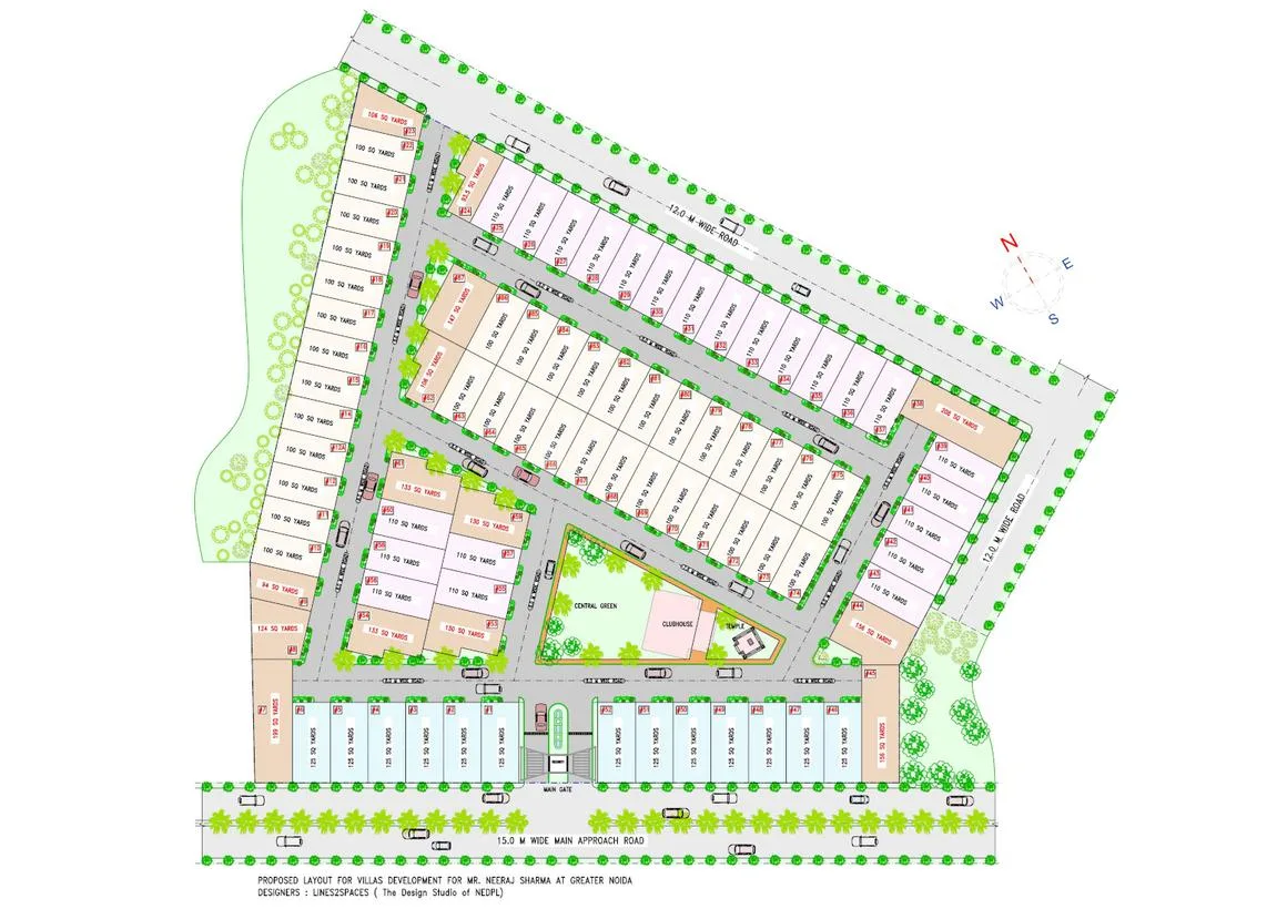 Escon Panache Villas — Site plan showing the layout of villas, roads, a central green area, and main gate.