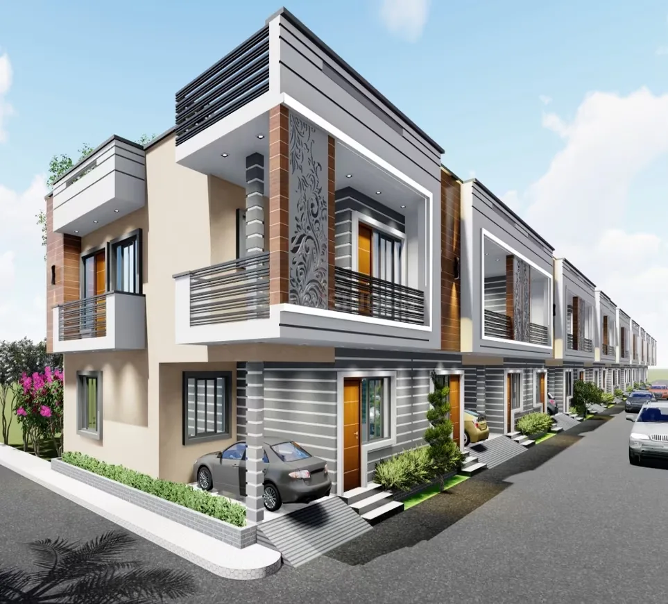 Pinnacle Neelkanth Villa — A row of modern render villas with balconies, attached car parking, and a street in front under a blue sky.