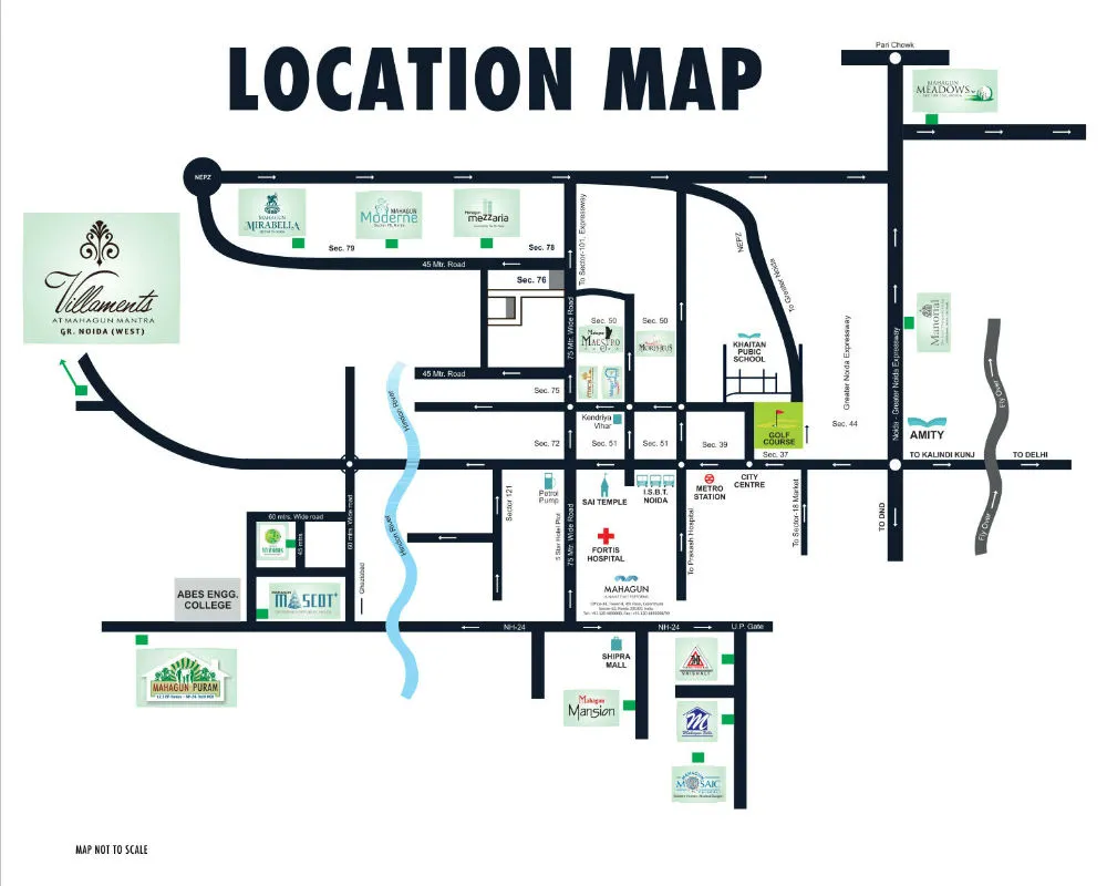 Location map of Mahagun group projects across Noida and Greater Noida West with Mahagun Meadows highlighted in Sector 150.