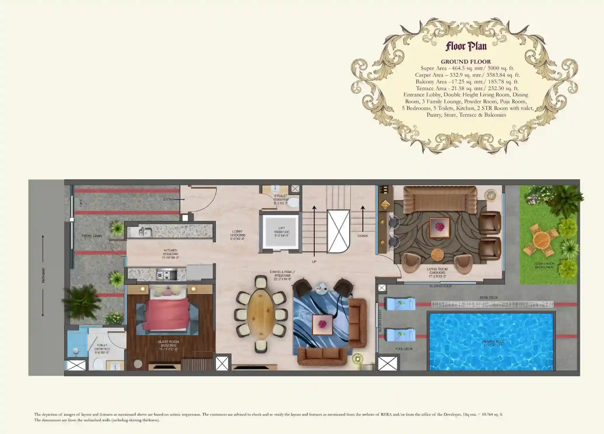 Mahagun Meadows 5000 sq ft villa ground floor plan with double-height living, guest bedroom and private pool.