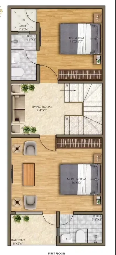 Trinity Primus — Floor plan rendering of the first floor with master bedroom, living room, and a secondary bedroom.