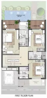 Rise Resort Residence Villa — First floor plan of a villa showing bedrooms, bathrooms, terrace, and a swimming pool in the backyard.