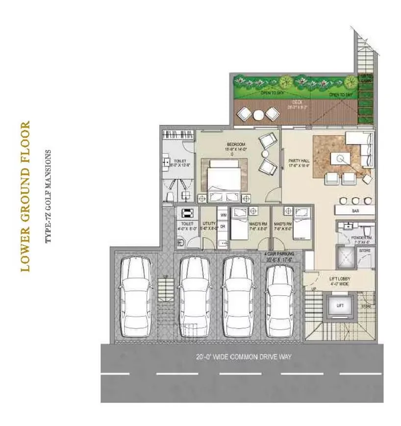 Rise Resort Residence Villa — Lower ground floor plan of a villa, showing 4 car parking spaces, bedroom, party hall, and maid's rooms.