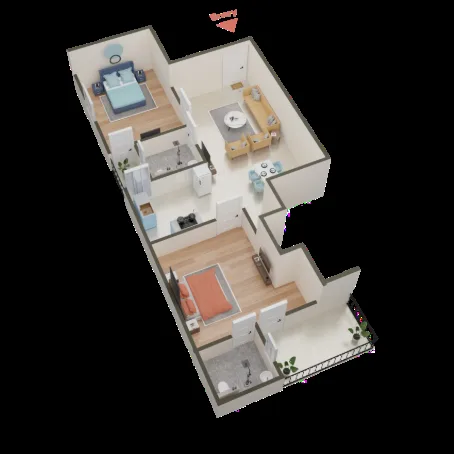 Rudransh Green Vista — 3D render of a floor plan showing two bedrooms, living room, kitchen, and balcony
