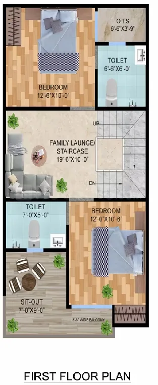 Pinnacle Neelkanth Villa — First floor plan with two bedrooms, two toilets, a family lounge/staircase, an OTS, a sit-out, and a balcony