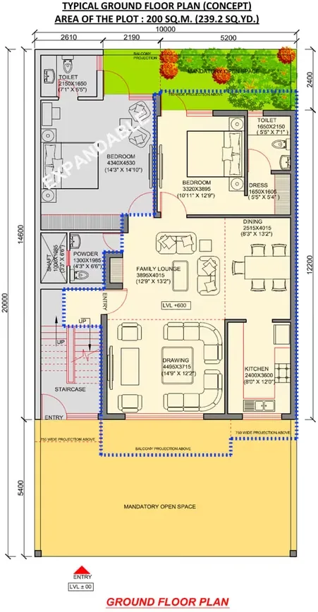 Jaypee Villa Expanza Green Crest Homes — A typical ground floor plan for a villa with a plot area of 200 sq.m. featuring multiple rooms, a family lounge, and an open space.