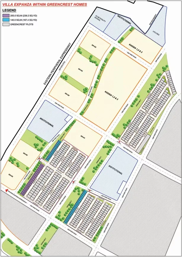 Jaypee Villa Expanza Green Crest Homes — Site plan of Villa Expanza within Greencrest Homes project, showing plots, institutional areas, and the Eastern Peripheral Expressway.