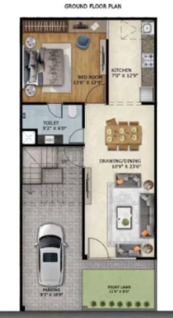 Paradise Palm Villa — Ground floor plan with bedroom, kitchen, toilet, drawing/dining, parking and front lawn area.