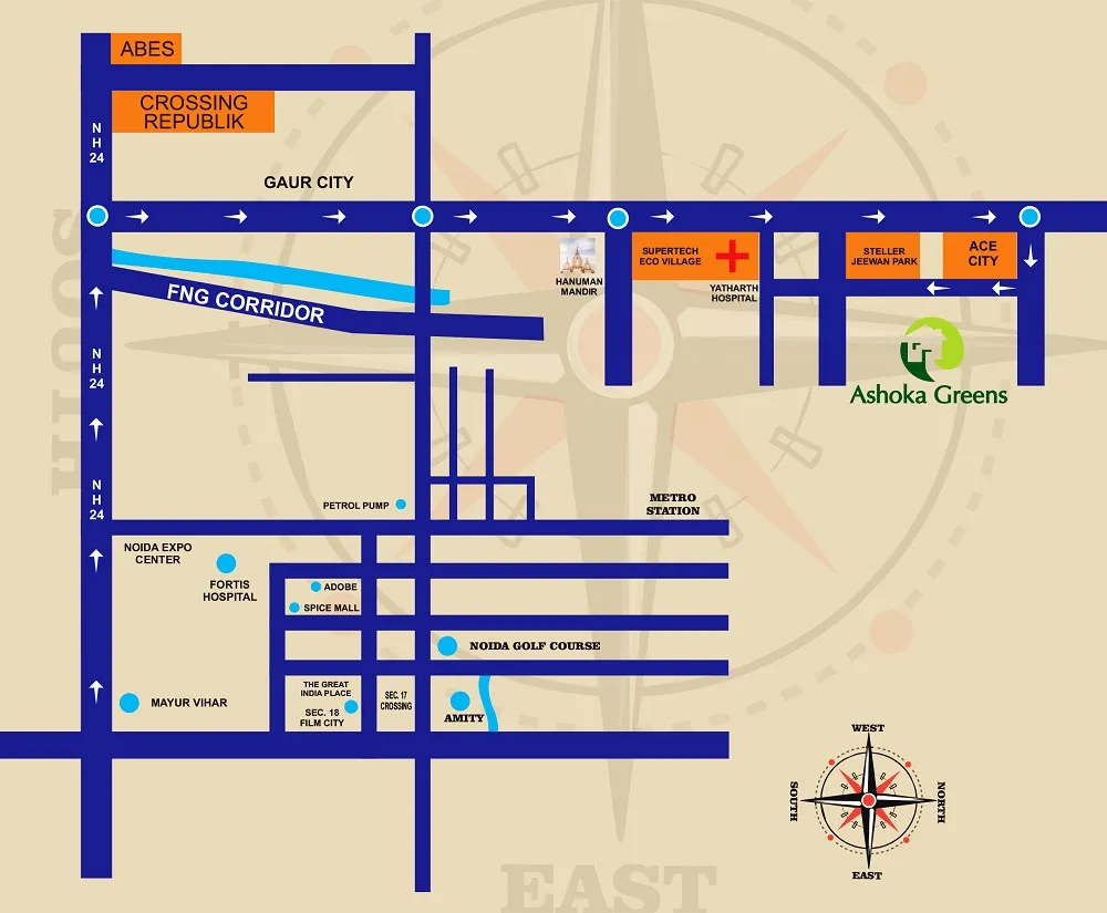Ashoka Greens Villas location map with Gaur City, FNG corridor and Ace City references