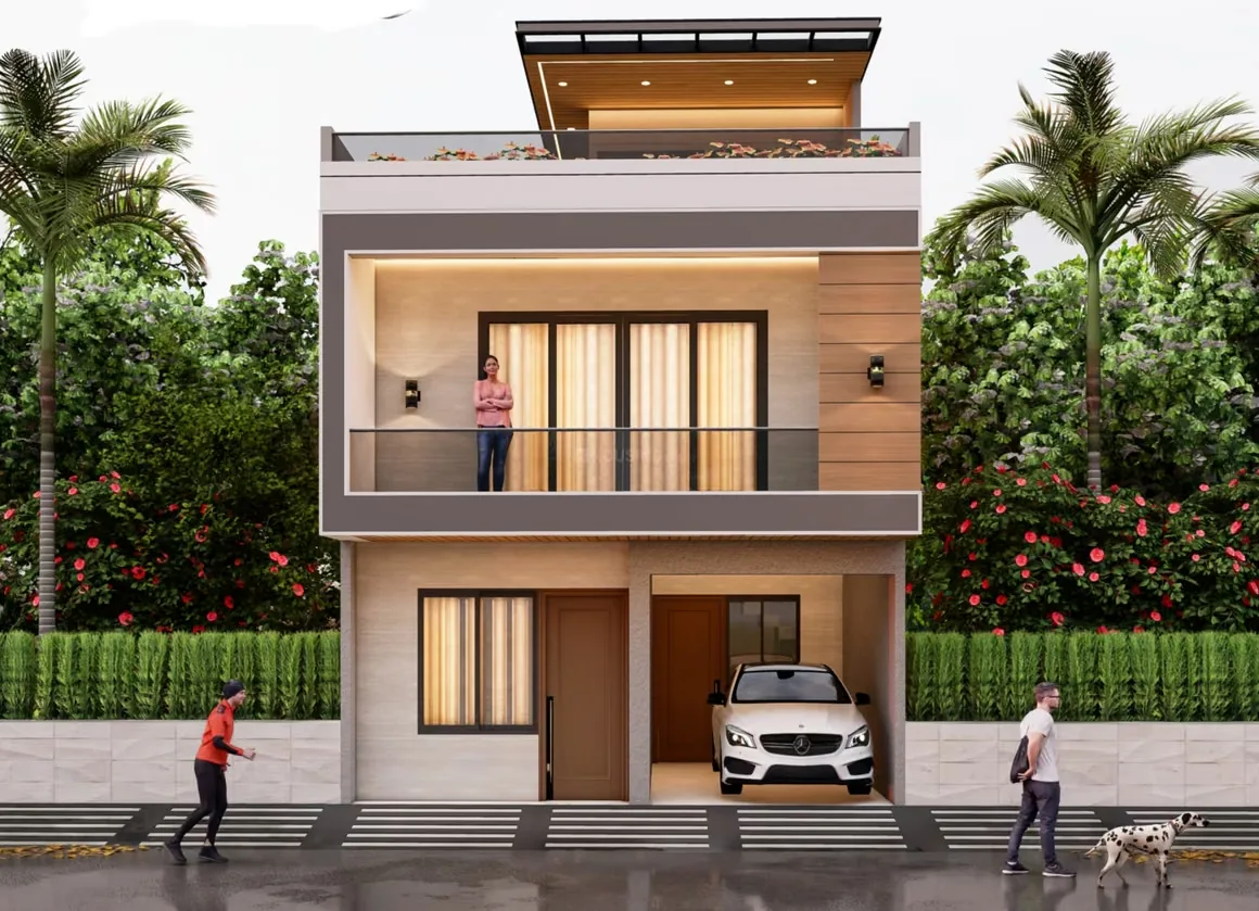 Paradise Krishna Vatika Luxurious Villas — A modern rendered two-story villa with a balcony, private car parking space, and a rooftop terrace.