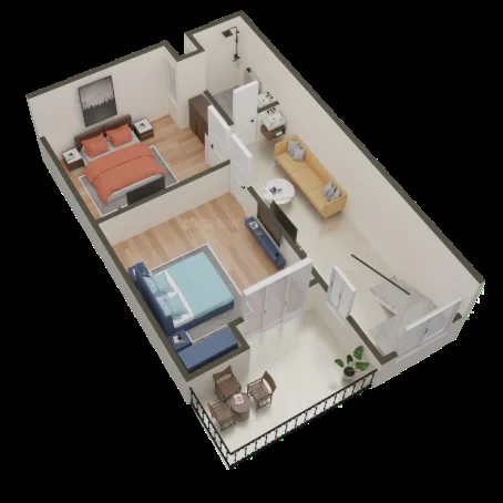 Shivi Stark Moon Villa — 3D render of a floor plan with two bedrooms, a living area, a bathroom, and a balcony.