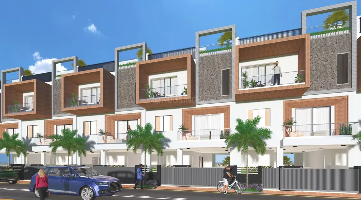 Escon Panache Villas — A 3D render showing modern townhouses with balconies and people walking on the street.