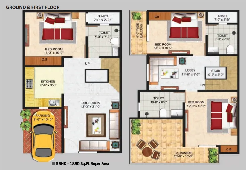 Sindhuja Greens 3 BHK 1835 sq ft villa floor plan across ground and first floor