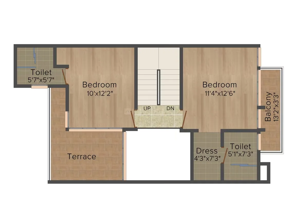 Jaypee Sportsville — Floorplan of a unit showing two bedrooms, two toilets, a dress area, a terrace, and a balcony.