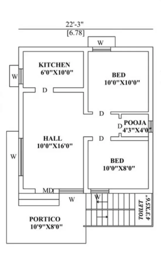 Swastik Ultra Luxury Villa — Floor plan with dimensions for kitchen, hall, two bedrooms, pooja room, toilet, and portico