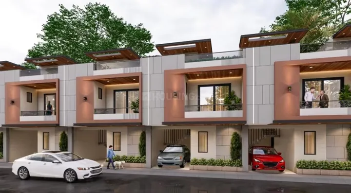 Paradise Shree Ram Vatika — A 3D render of modern row villas with three cars parked in front of them.