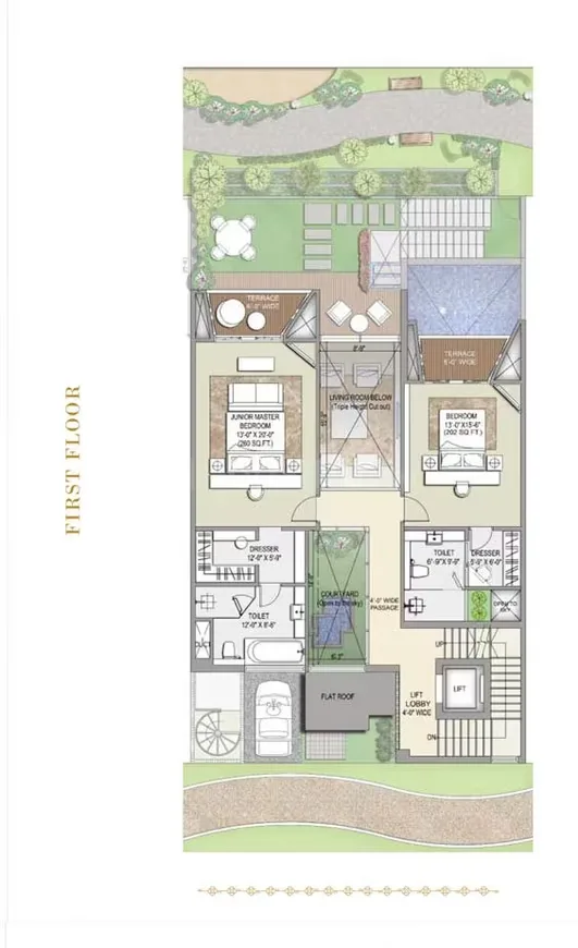 Rise Resort Residence Villa — First floor plan of a residential unit showing bedrooms, toilets, living room, terraces, and a courtyard.
