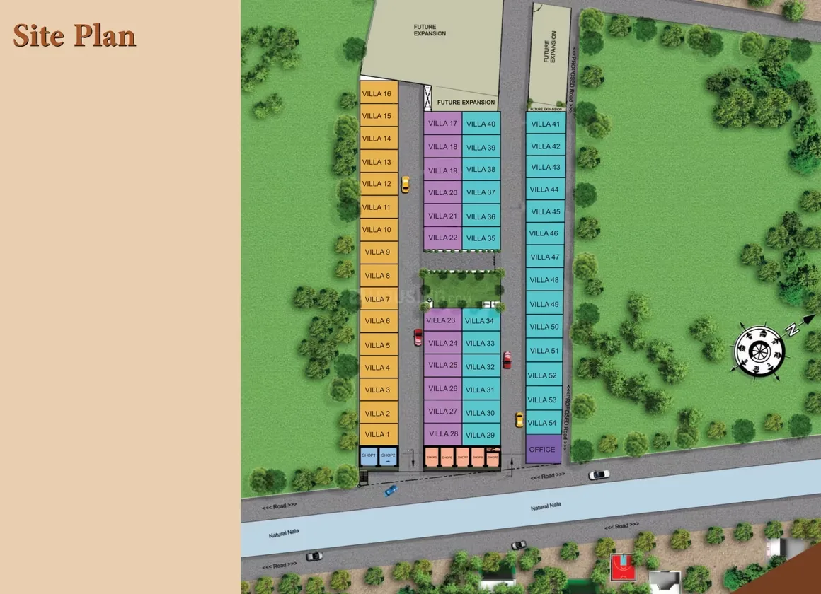 Aayansh Enclave — Site plan showing the layout of 54 villas, roads, future expansion areas, and a compass.