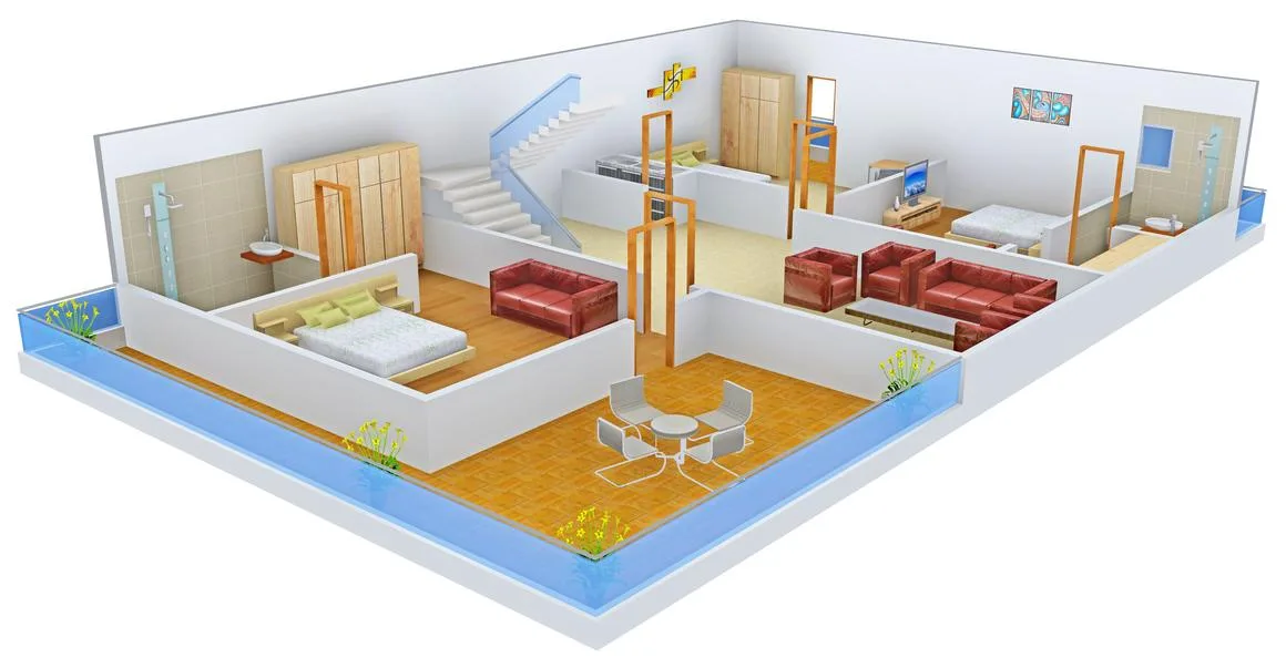 Aadhar Dew Drops Villas — A 3D floor plan rendering showing two bedrooms, living areas, bathrooms, and a staircase within a residential unit.