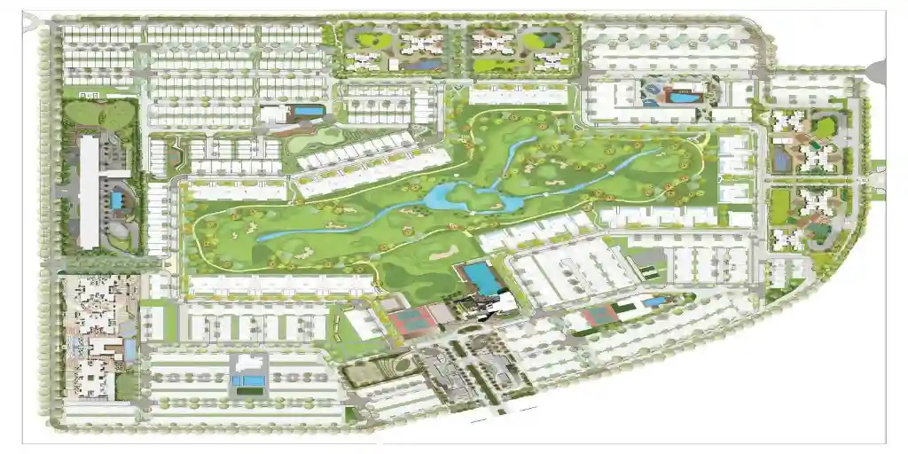 Godrej Golf Links township master plan showing villa communities, central golf course and amenity spine — Evoke sits within this township, Sector 27 Greater Noida.