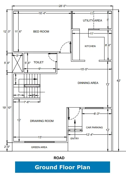 Kingson Green Villa 2 — Ground floor plan showing dimensions for bedroom, utility area, kitchen, dining area, car parking, drawing room, toilet, and green area.