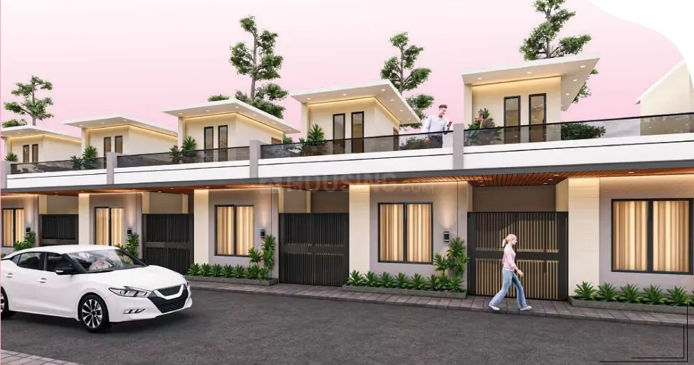 Aalyam Upvan Villas — A 3D render of a row of modern villas with small trees on the roof, a white car, and people walking