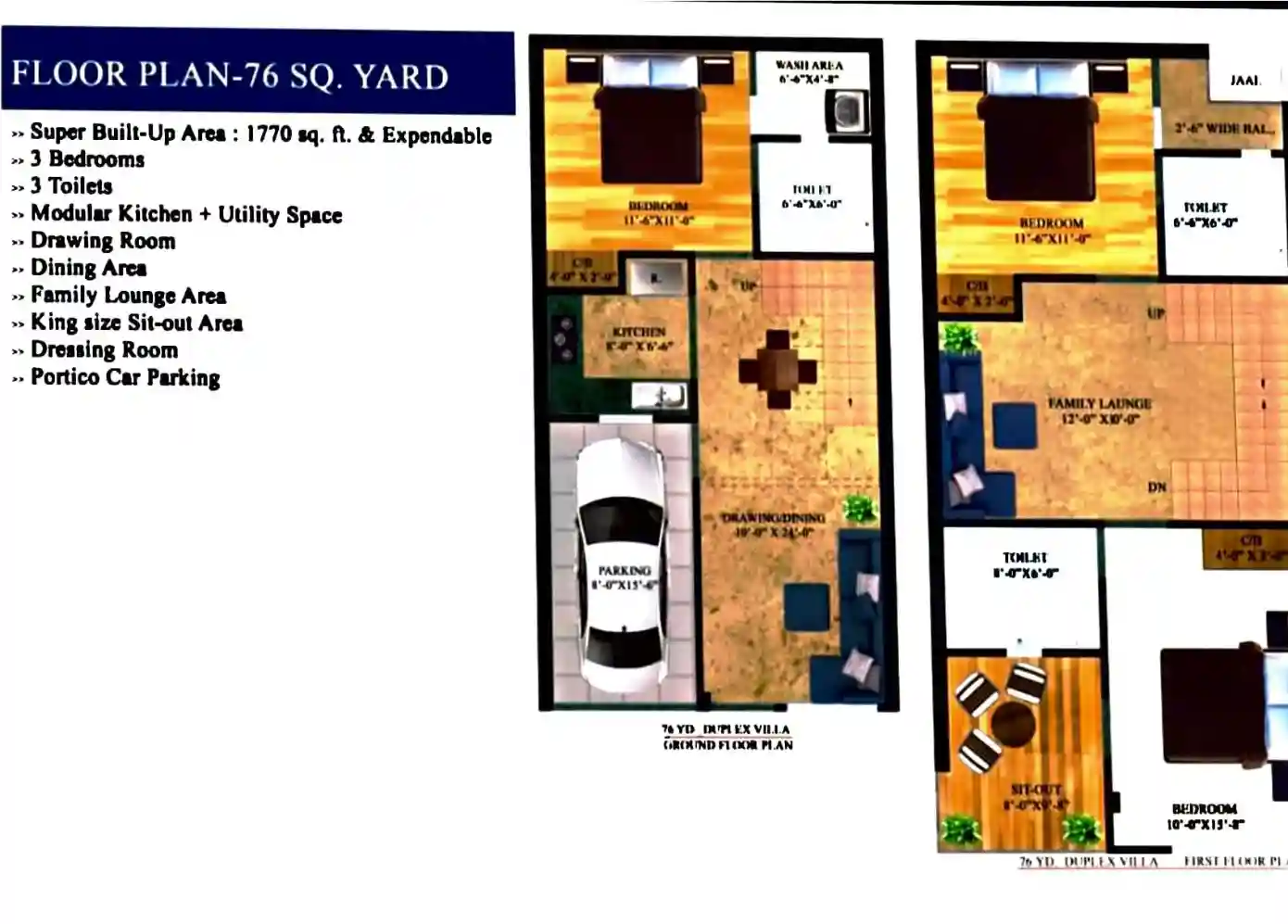 Balaji Green Villas 76 sq yd duplex floor plan with ground and first floor