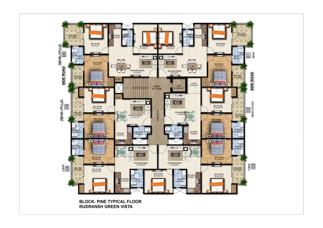 Rudransh Green Vista — A typical floor plan for Block-Pine in Rudransh Green Vista, showing multiple 2BHK and 3BHK units.