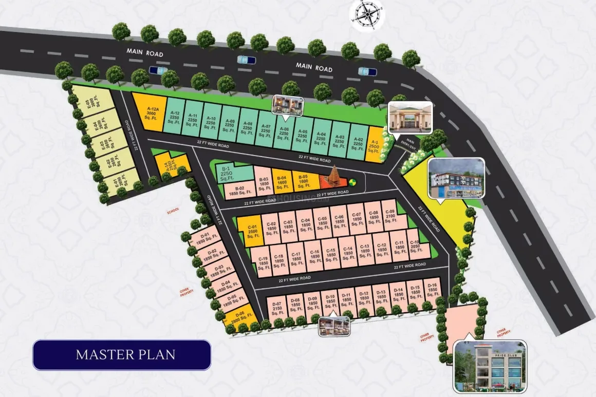 Pride Villas — Master plan with plots, roads, and amenity renders for a residential villa project